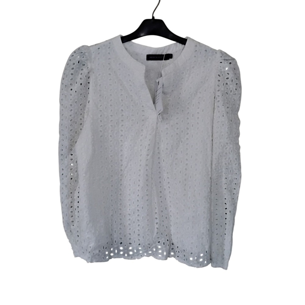 MEROKEETY Womens White Eyelet Lace Blouse V Neck Long Puff Sleeve Top Small
